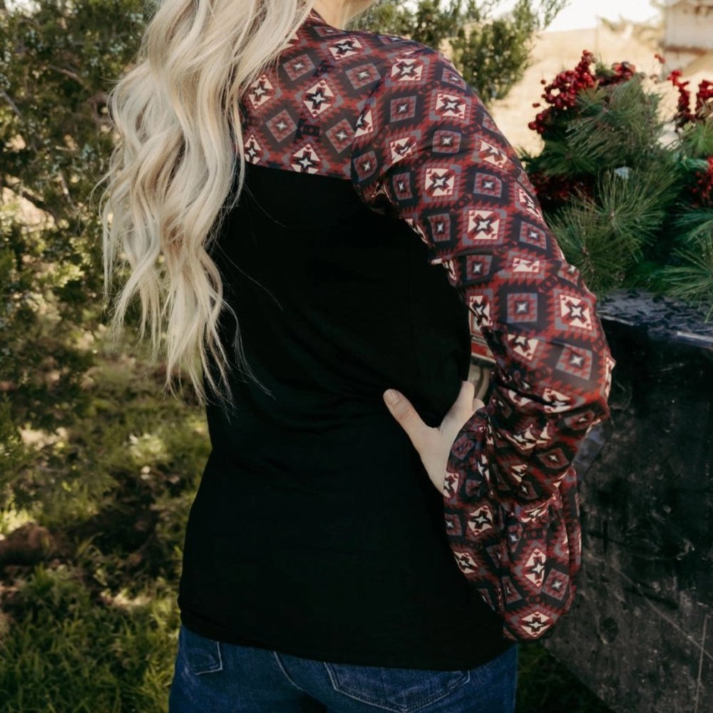 Maroon Aztec Ruffled Sleeve Top - Picture 2 of 4